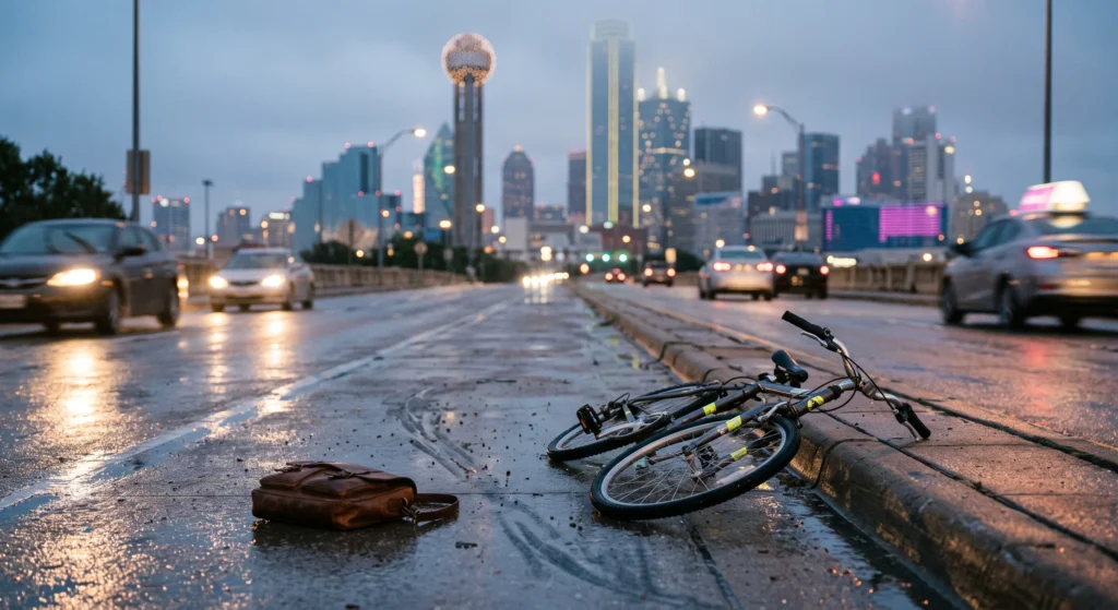 Bicicleta caída y mochila en el pavimento mojado de un puente de Dallas tras un accidente