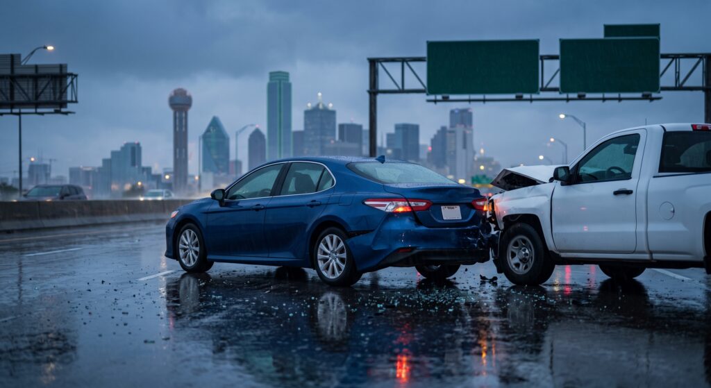 Choque trasero entre un sedán azul y una camioneta blanca en una autopista de Dallas bajo la lluvia
