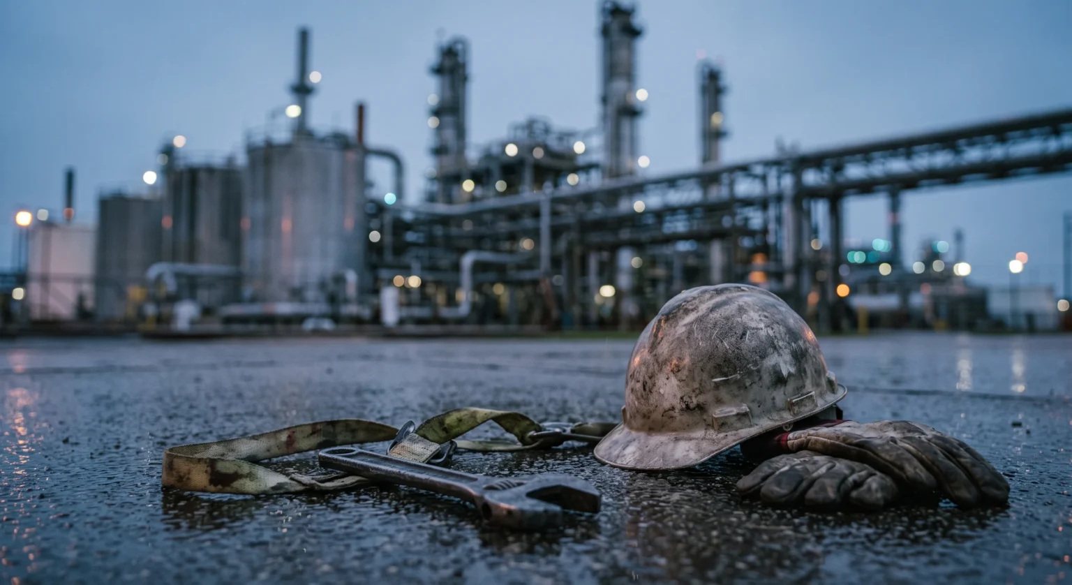 Casco de seguridad, guantes y arnés en el suelo mojado frente a una refinería industrial al atardecer