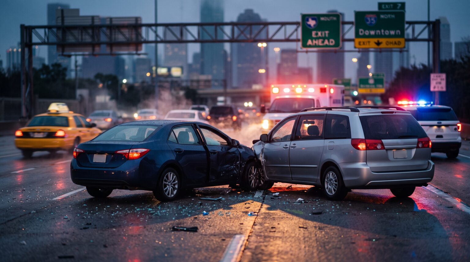 Accidente de tránsito nocturno en autopista de Texas con ambulancia y patrulla en la escena
