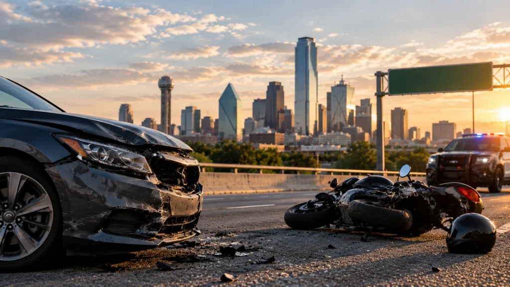 Auto con daños frontales, motocicleta derribada y casco sobre una autopista, con una patrulla y el skyline de Dallas al atardecer al fondo