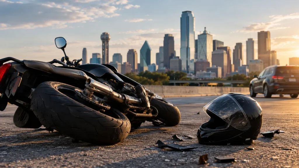 Motocicleta deportiva tirada sobre el pavimento junto a un casco con la visera rota, con el skyline de Dallas al atardecer al fondo