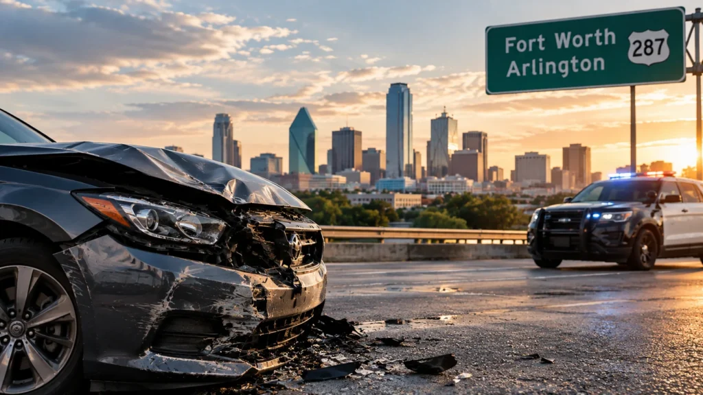 Auto con el frente destrozado en una autopista con letrero hacia Fort Worth y Arlington y una patrulla con las luces encendidas al atardecer